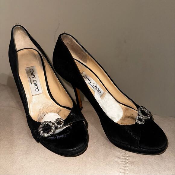 Jimmy Choo Black Leather Stiletto Heels Rhinestone Peep-Toe Shoe EU 37 - Picture 2 of 9